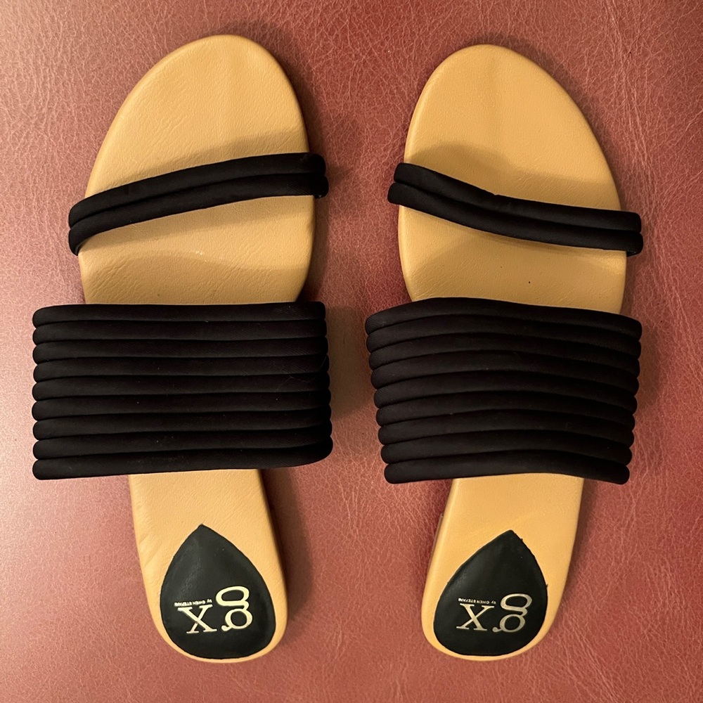GX by Gwen Stefani Women’s Black and Tan Runner Flat Sandals (Size 9.5)